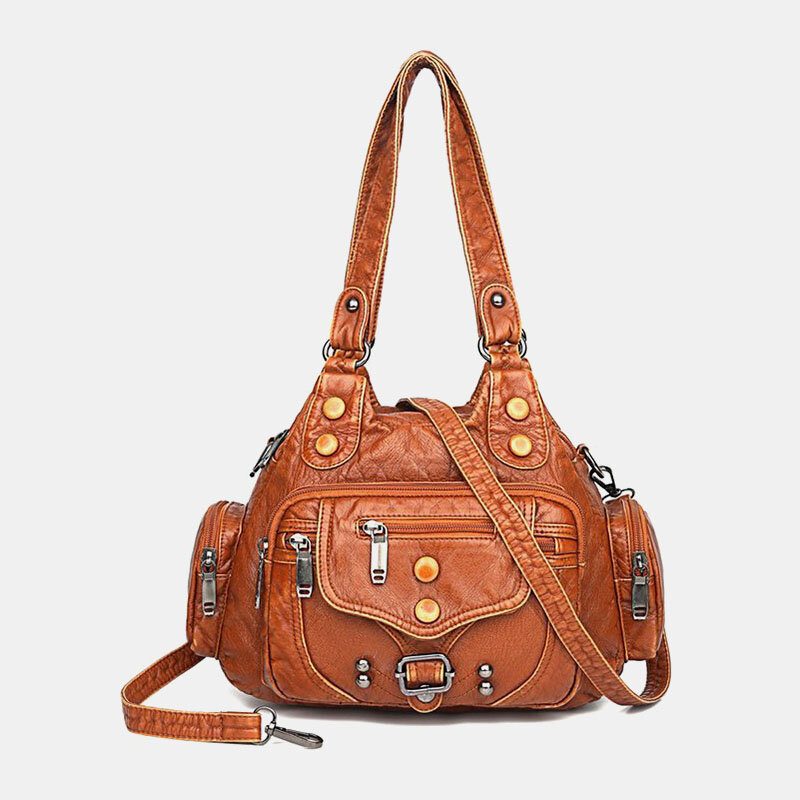 Kvinner Pu-skinn Stor Kapasitet Multi-lomme Nagledekorasjon Retro Myk Tøyvesker Crossbody-vesker