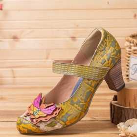 Butterfly Deocr Trykt Kuskinn Krokløkke Comfy Bærbare Chunky Heel Pumps