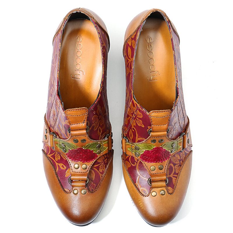 Cowgirl Håndmalt Retro Blomstermønster Nagle Ekte Lær Lavhæl Slip On Pumps