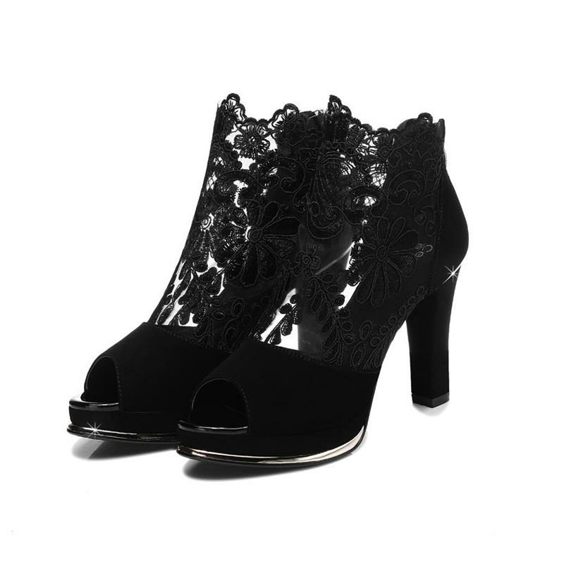 Dame Black Mesh Lace Peep Toe Pumps Med Høye Hæler