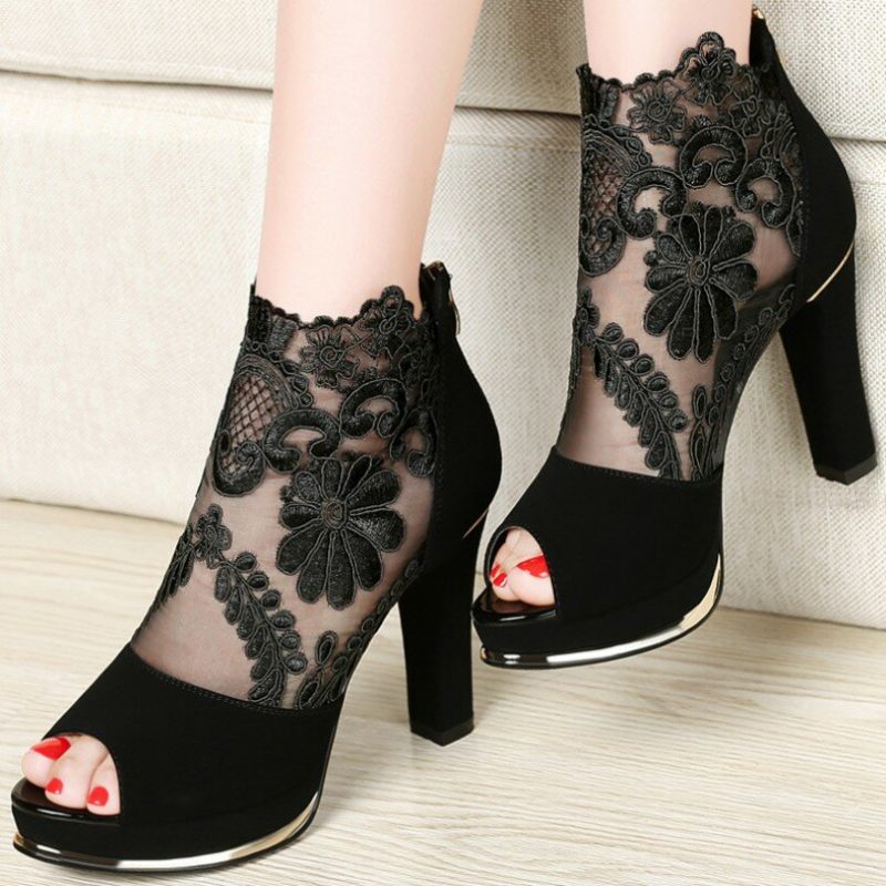 Dame Black Mesh Lace Peep Toe Pumps Med Høye Hæler