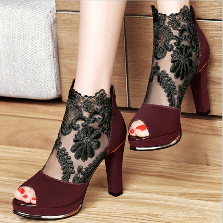 Dame Black Mesh Lace Peep Toe Pumps Med Høye Hæler