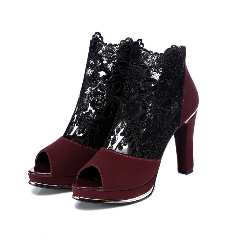 Dame Black Mesh Lace Peep Toe Pumps Med Høye Hæler