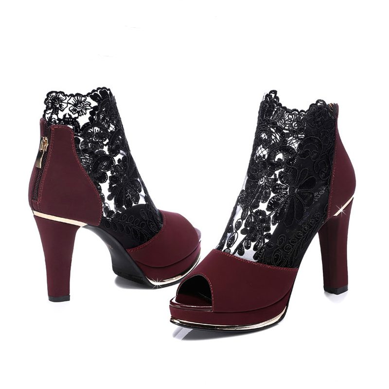 Dame Black Mesh Lace Peep Toe Pumps Med Høye Hæler