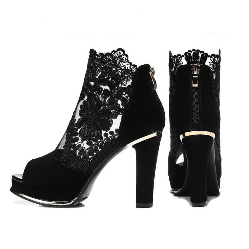 Dame Black Mesh Lace Peep Toe Pumps Med Høye Hæler