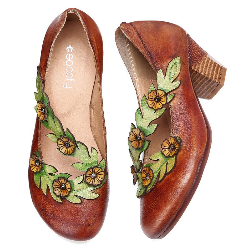 Dame Blomsterdekorasjon Ekte Skinn Slip On Spring Pumps