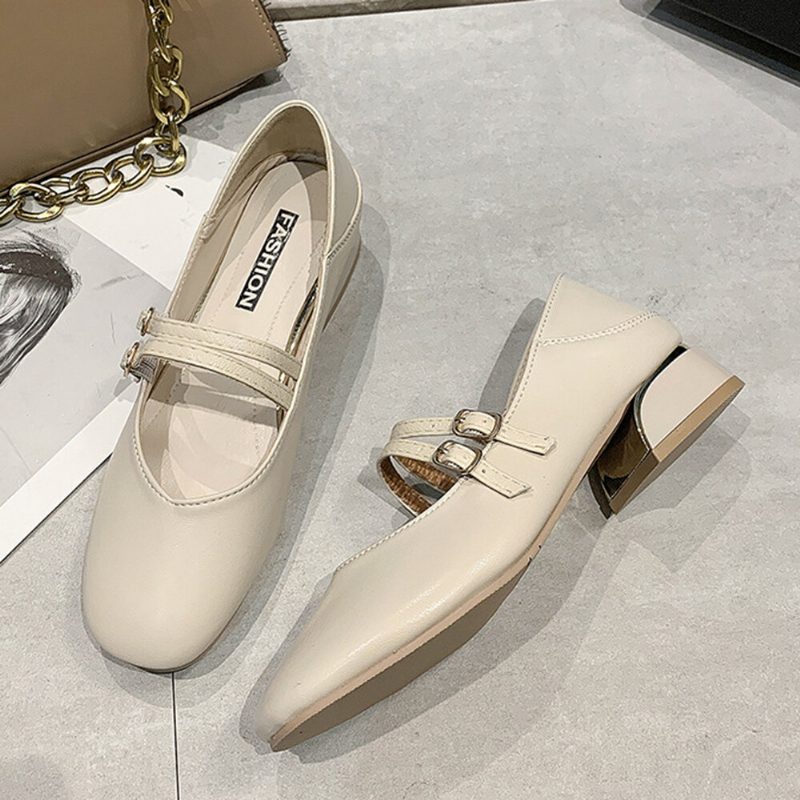 Dame Rund Toe Ensfarget Blokker Hæl Slip On Loafers