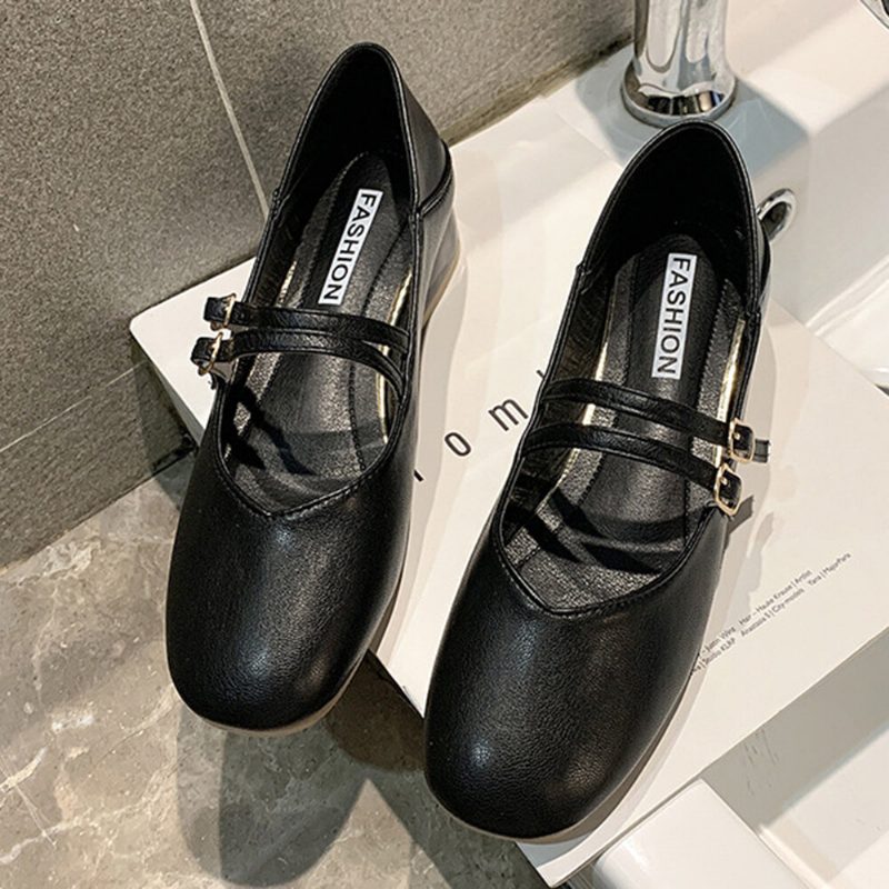 Dame Rund Toe Ensfarget Blokker Hæl Slip On Loafers