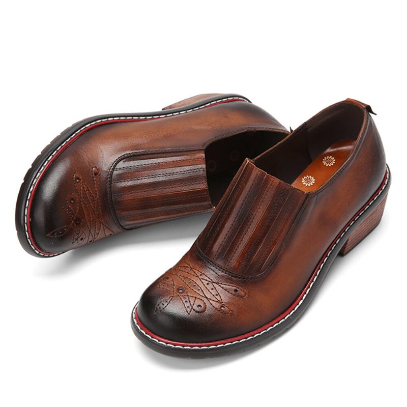 Ekte Skinn Retro Comfy Elastisk Slip-on Rund Tå Loafers Sko Med Lav Hæl