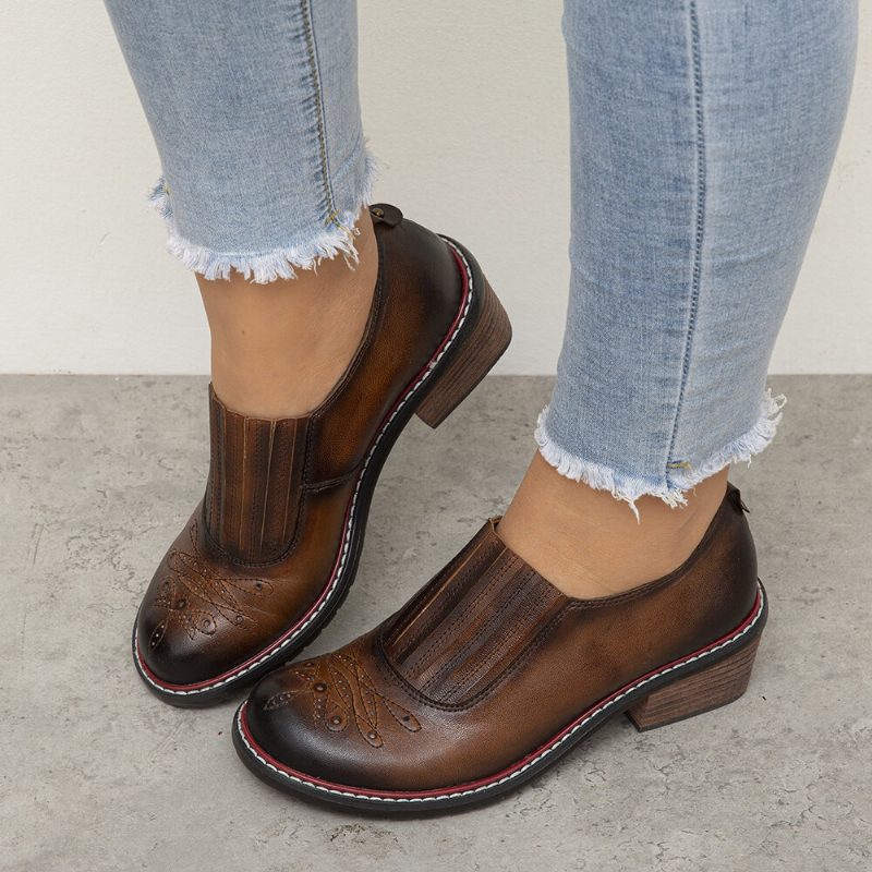 Ekte Skinn Retro Comfy Elastisk Slip-on Rund Tå Loafers Sko Med Lav Hæl