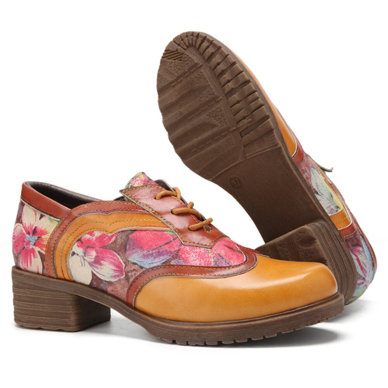 Ekte Skinn Retro Floral Snøring Behagelig Rund Tå Oxfords Hæler