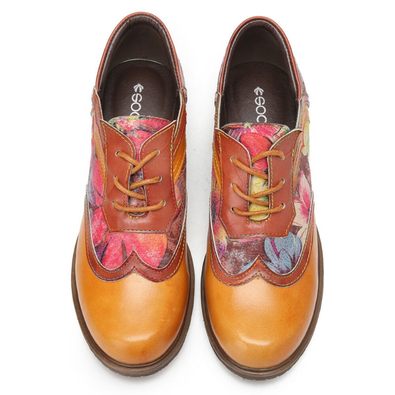 Ekte Skinn Retro Floral Snøring Behagelig Rund Tå Oxfords Hæler