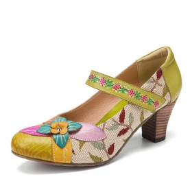 Elegante Blomsterdekor Løvstoffsøm Med Trykt Kuskinn Comfy Mary Jane Pumps