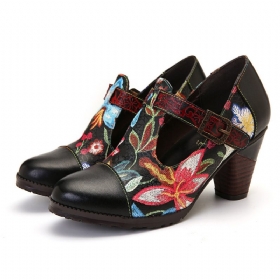 Folkways Fargerike Blomster Søm Ekte Skinn Retro T-stropp Kjole Pumps For Dame