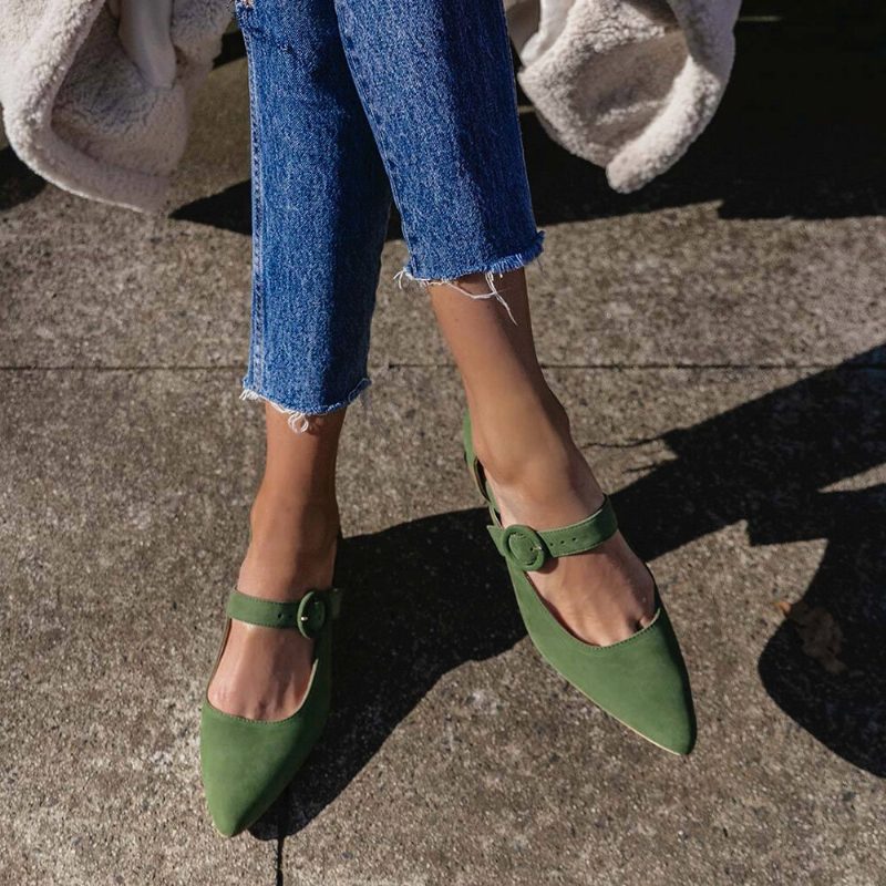 Kvinner Elegant Spiss Tå Ensfarget Ankelspenne Slip On Chunky Heel Pumps