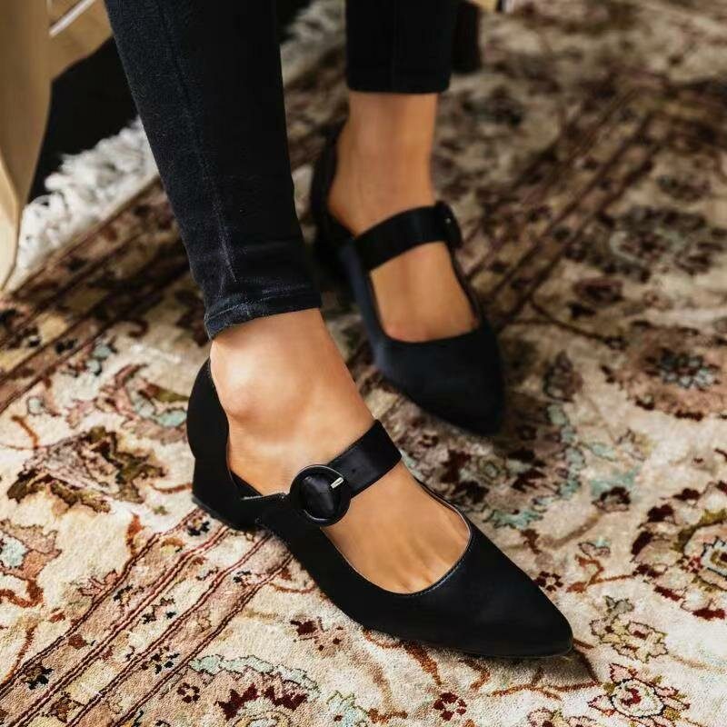 Kvinner Elegant Spiss Tå Ensfarget Ankelspenne Slip On Chunky Heel Pumps