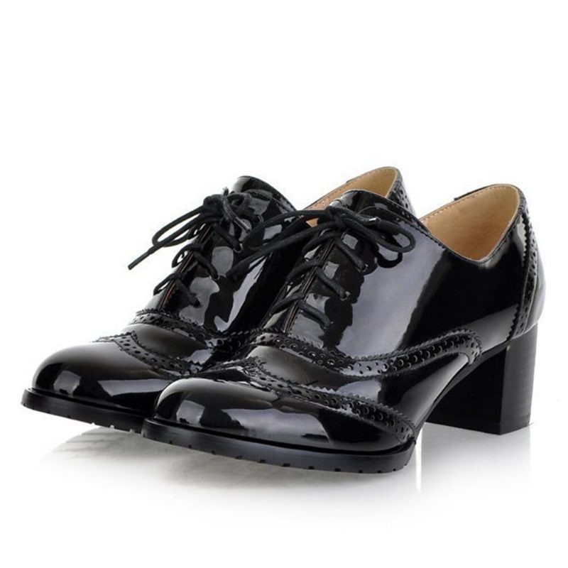 Large Size Dame Snøring Komfortable Retro Glossy Oxfords Hæler