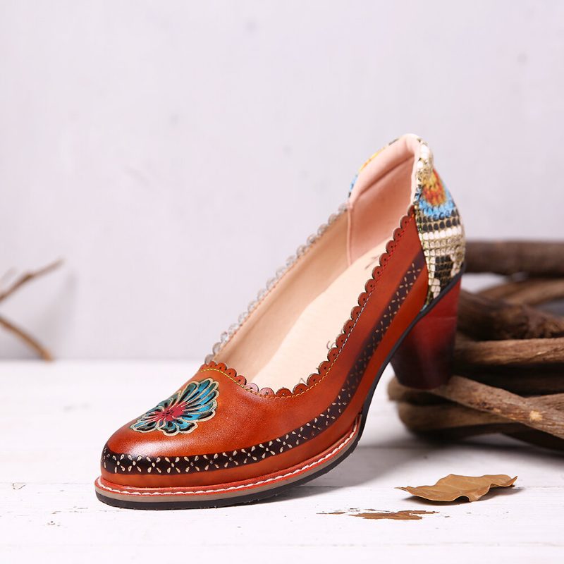 Retro Flower Genuine Leather Slip On Paljett Heel Pumps