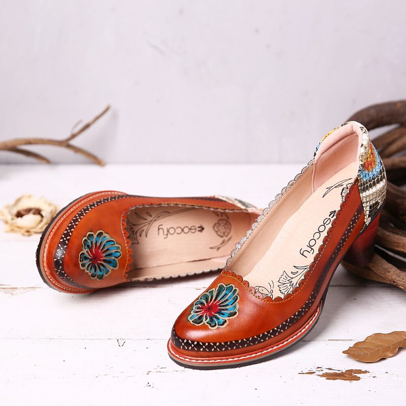 Retro Flower Genuine Leather Slip On Paljett Heel Pumps