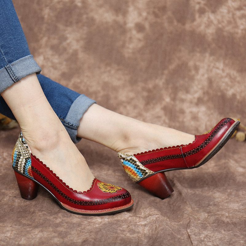 Retro Flower Genuine Leather Slip On Paljett Heel Pumps