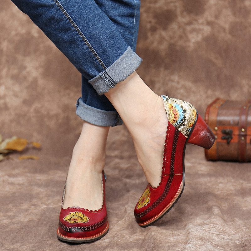 Retro Flower Genuine Leather Slip On Paljett Heel Pumps