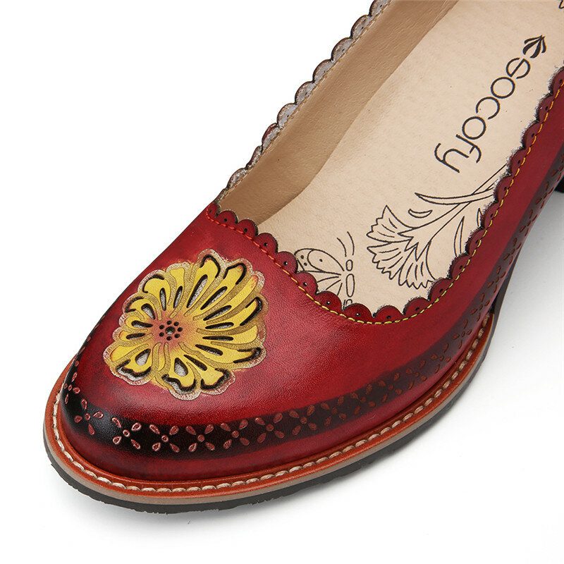 Retro Flower Genuine Leather Slip On Paljett Heel Pumps