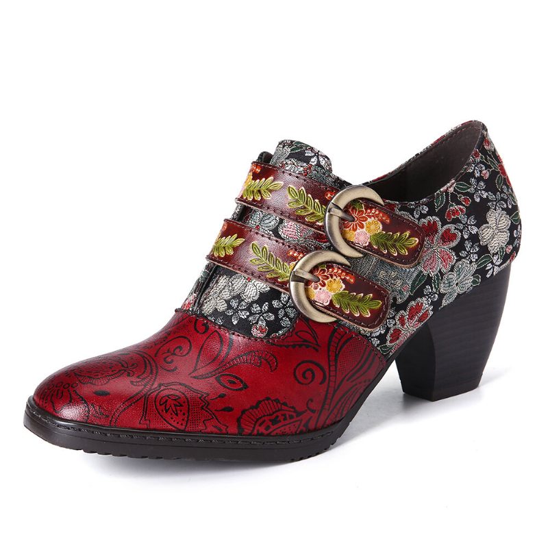 Retro Flower Metal Preget Spenne Stropp Lær Lavhæl Square Toe Pumps