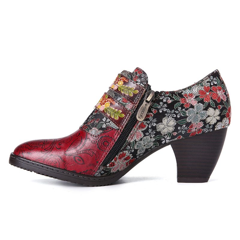 Retro Flower Metal Preget Spenne Stropp Lær Lavhæl Square Toe Pumps