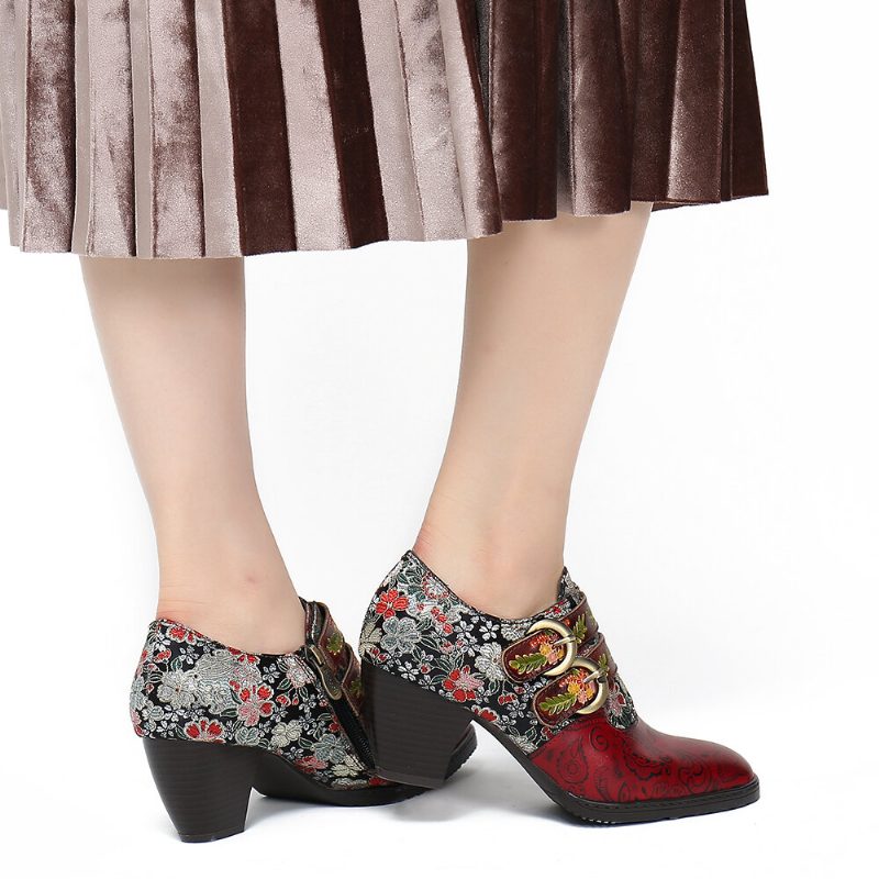 Retro Flower Metal Preget Spenne Stropp Lær Lavhæl Square Toe Pumps