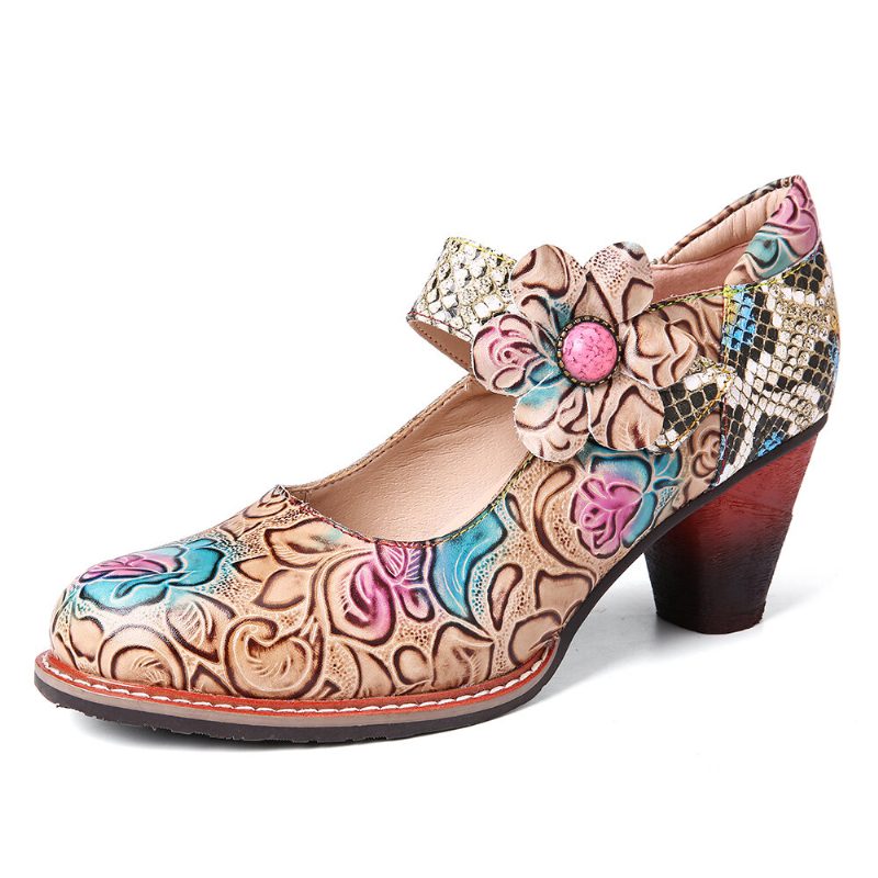 Retro Leather Floral Spleising Slangeskinn Rund Toe Chunky Heel Pumps