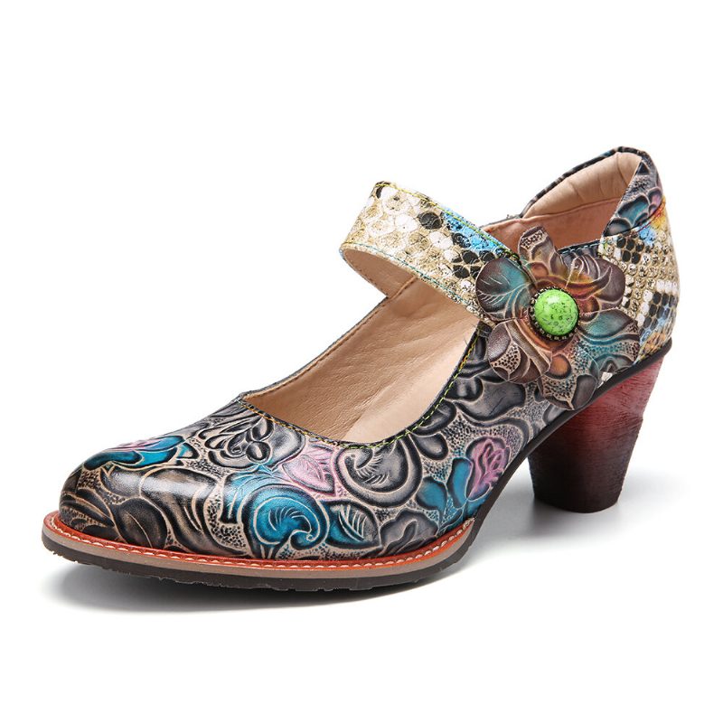 Retro Leather Floral Spleising Slangeskinn Rund Toe Chunky Heel Pumps