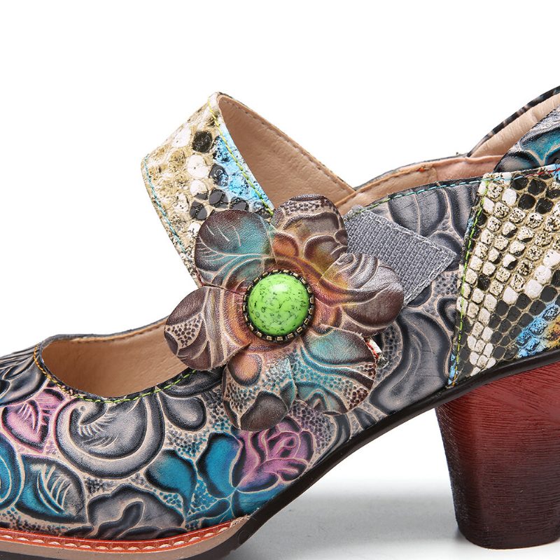 Retro Leather Floral Spleising Slangeskinn Rund Toe Chunky Heel Pumps