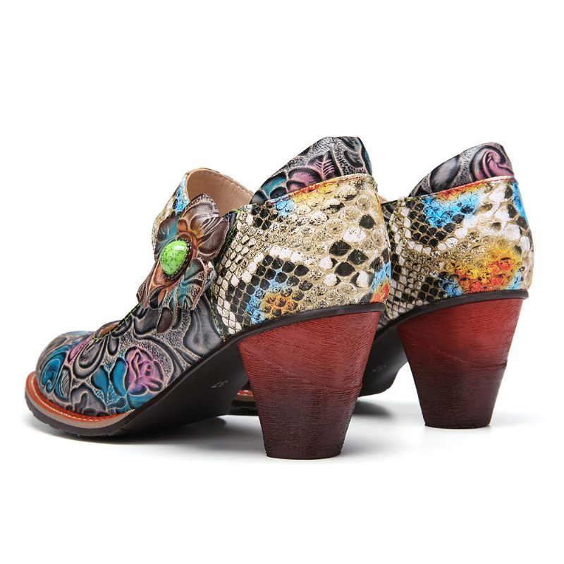 Retro Leather Floral Spleising Slangeskinn Rund Toe Chunky Heel Pumps