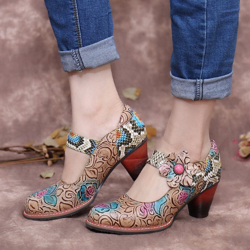 Retro Leather Floral Spleising Slangeskinn Rund Toe Chunky Heel Pumps