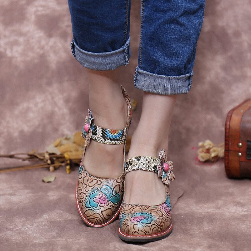 Retro Leather Floral Spleising Slangeskinn Rund Toe Chunky Heel Pumps