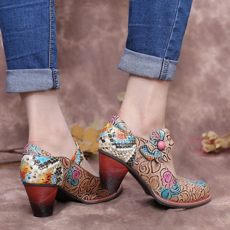 Retro Leather Floral Spleising Slangeskinn Rund Toe Chunky Heel Pumps