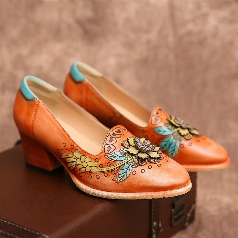 Retro Spleising Floral Leather Slip On Block Heel Pumps Dress Sko