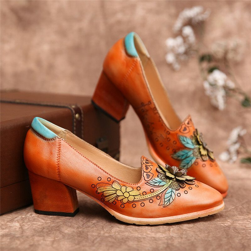 Retro Spleising Floral Leather Slip On Block Heel Pumps Dress Sko