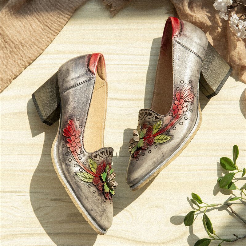 Retro Spleising Floral Leather Slip On Block Heel Pumps Dress Sko