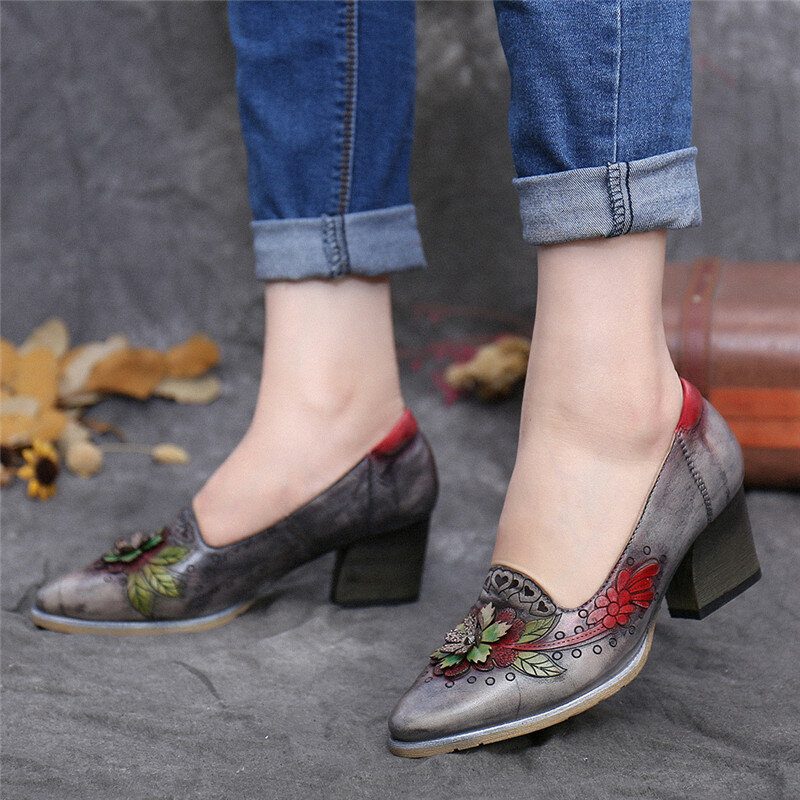 Retro Spleising Floral Leather Slip On Block Heel Pumps Dress Sko