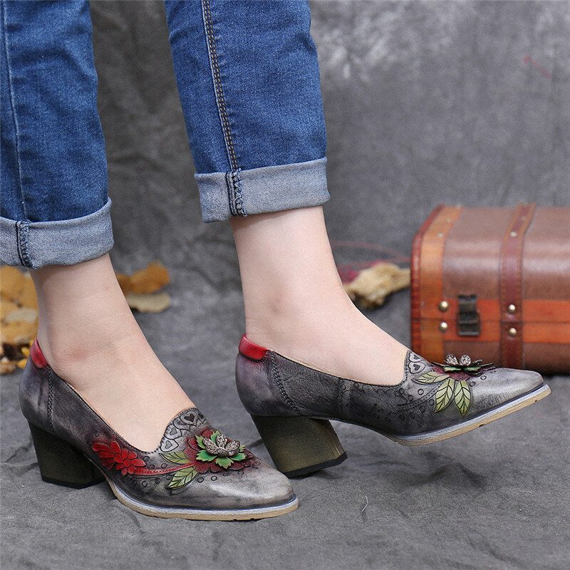 Retro Spleising Floral Leather Slip On Block Heel Pumps Dress Sko