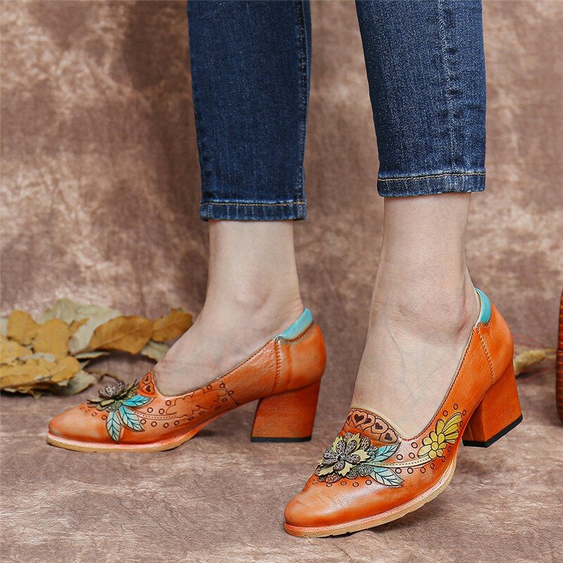 Retro Spleising Floral Leather Slip On Block Heel Pumps Dress Sko