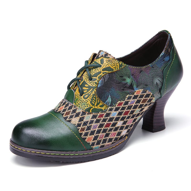 Vintage Leather Floral Plaid Spleising Lace-up Grønn Chunky Heel Pumps