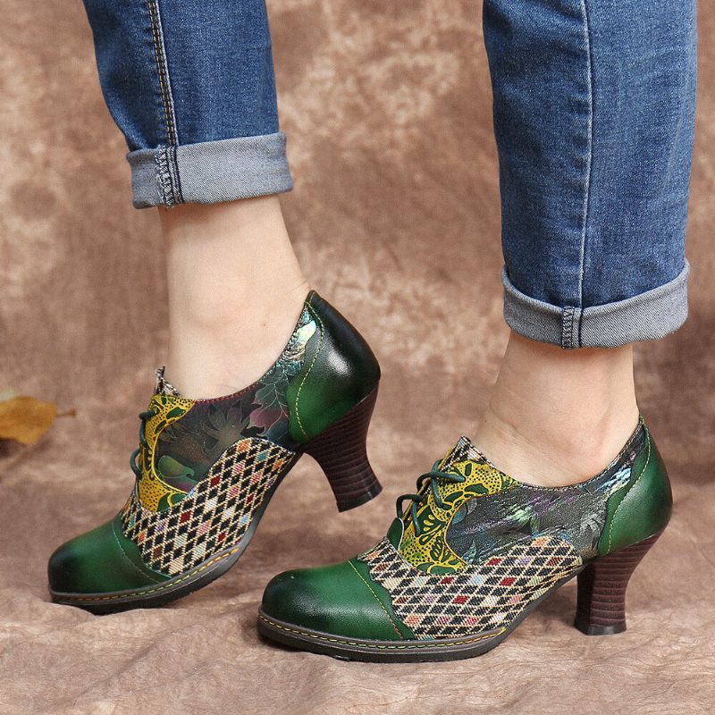 Vintage Leather Floral Plaid Spleising Lace-up Grønn Chunky Heel Pumps