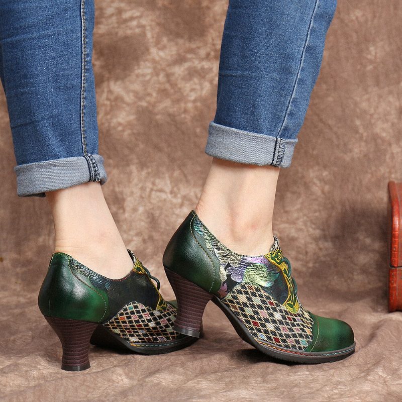 Vintage Leather Floral Plaid Spleising Lace-up Grønn Chunky Heel Pumps