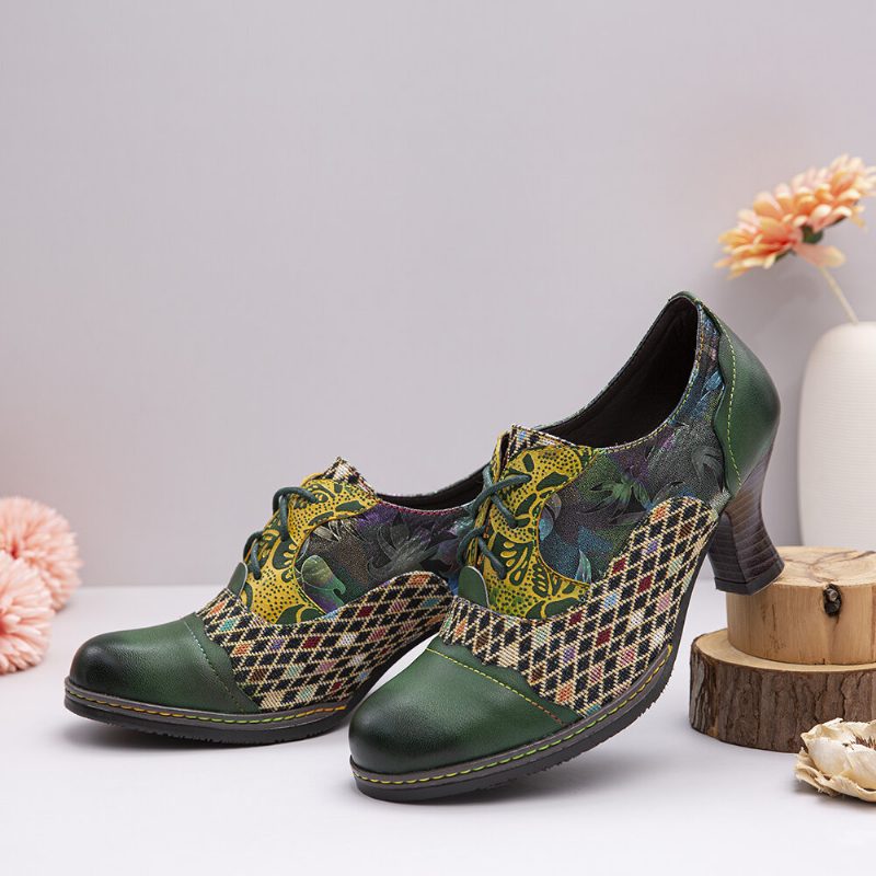 Vintage Leather Floral Plaid Spleising Lace-up Grønn Chunky Heel Pumps