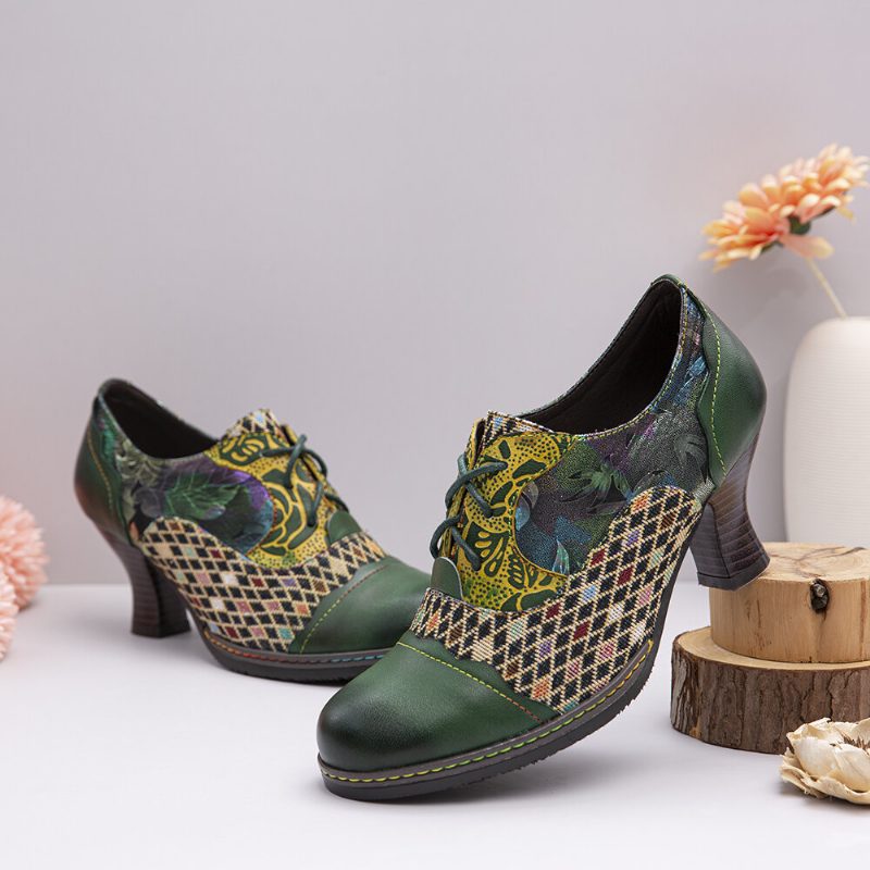 Vintage Leather Floral Plaid Spleising Lace-up Grønn Chunky Heel Pumps