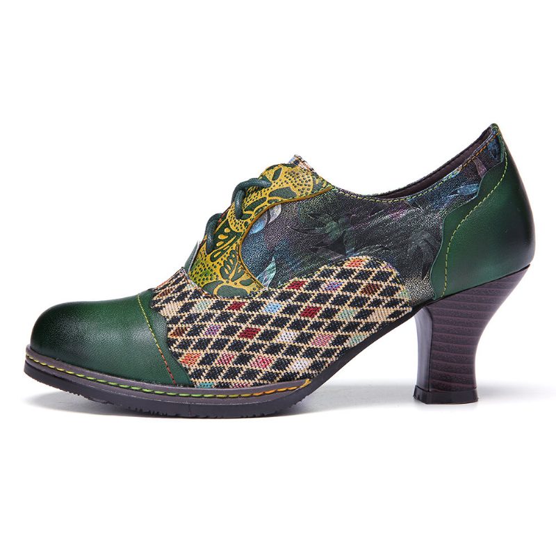 Vintage Leather Floral Plaid Spleising Lace-up Grønn Chunky Heel Pumps