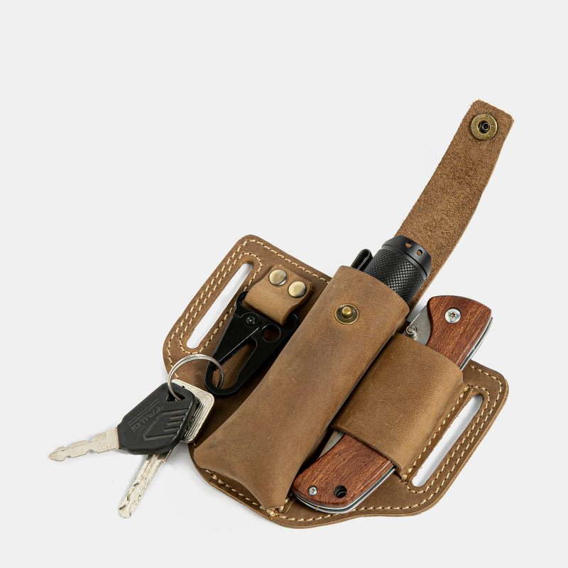 Herre Ekte Skinn Edc Fanny Pack Multitool Lommelykt Nøkkel Foldekniv Organizer Midjebelteveske