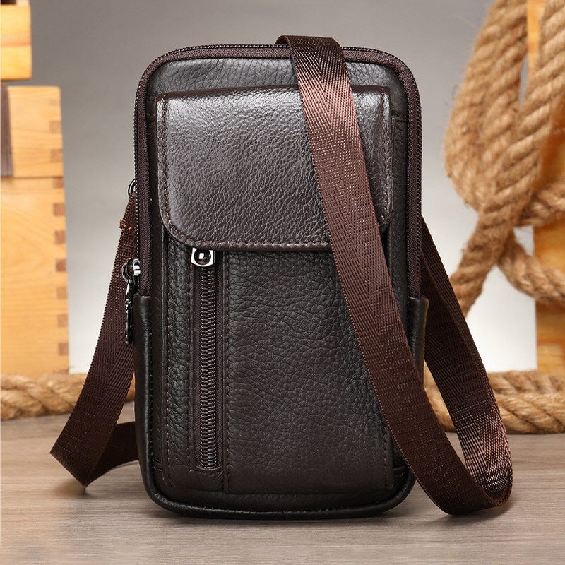 Menn Retro Dobbeltlags Kuskinn Midjeveske Uformell Slitesterk 6.5 Tommers Telefonveske Belteveske Crossbody-veske Skulderveske